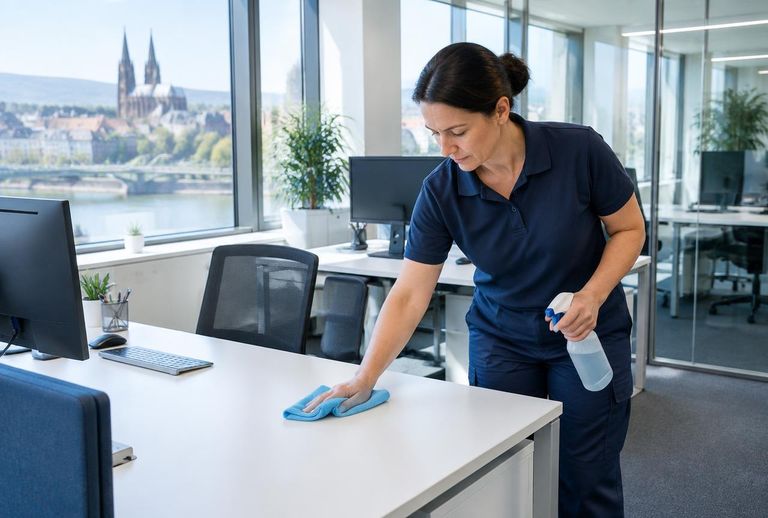 Reinigungskraft reinigt einen Schreibtisch in einem hellen Büro